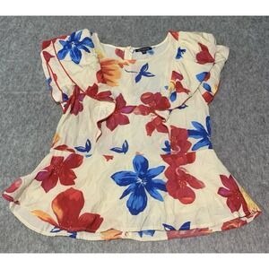 Skies Are Blue Short Sleeve Vibrant Floral Print Blouse Semi Lined Womens Size L